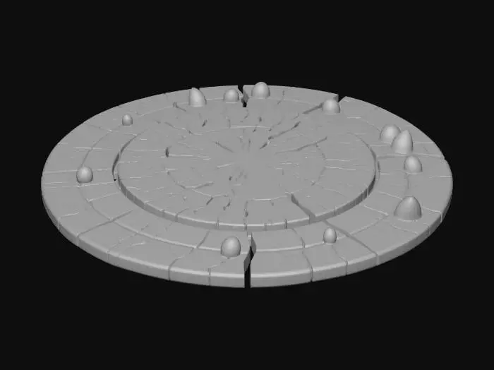 3D model for Заклинание земли «Вздыбленная земля». Плоский наземный магический эффект, привязанный к поверхности. Круглая или неровная область 2–3 м. Почва расколота, из трещин вверх под углами выдавлены острые пласты земли и камня, как сломанные плиты. В центре деформация сильнее, по краям переходит в обычную землю. Между трещинами мягкое магическое свечение (янтарное или зелёное), тонкие энергетические линии.