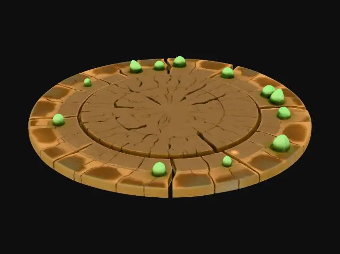 3D model for Заклинание земли «Вздыбленная земля». Плоский наземный магический эффект, привязанный к поверхности. Круглая или неровная область 2–3 м. Почва расколота, из трещин вверх под углами выдавлены острые пласты земли и камня, как сломанные плиты. В центре деформация сильнее, по краям переходит в обычную землю. Между трещинами мягкое магическое свечение (янтарное или зелёное), тонкие энергетические линии.