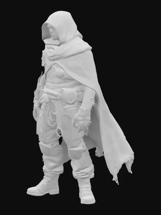3D model for hooded, tattered cloak, intricate sci fi armor  rugged texture, one arm mechanic ,cargo pants with pads, dark boots 