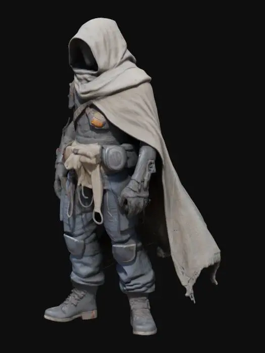 3D model for hooded, tattered cloak, intricate sci fi armor  rugged texture, one arm mechanic ,cargo pants with pads, dark boots 