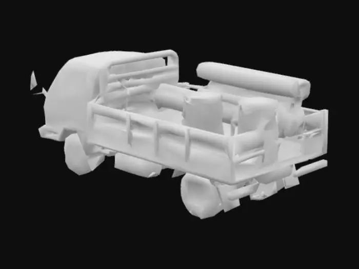 3D model for Hyper-realistic 3D render of a 1998 Mitsubishi Canter truck like the reference: white cab, black top, wood side rails. Branded "Super Techos de Honduras" on doors. Loaded with APP waterproofing membrane rolls, paint buckets, and workers wearing orange vests, helmets, and gloves. The truck is driving dynamically on an open road with a visible route line ahead, suggesting a journey. Tropical semi-dry landscape, bright daylight, strong metallic reflections, cinematic motion blur, realistic and professional style.