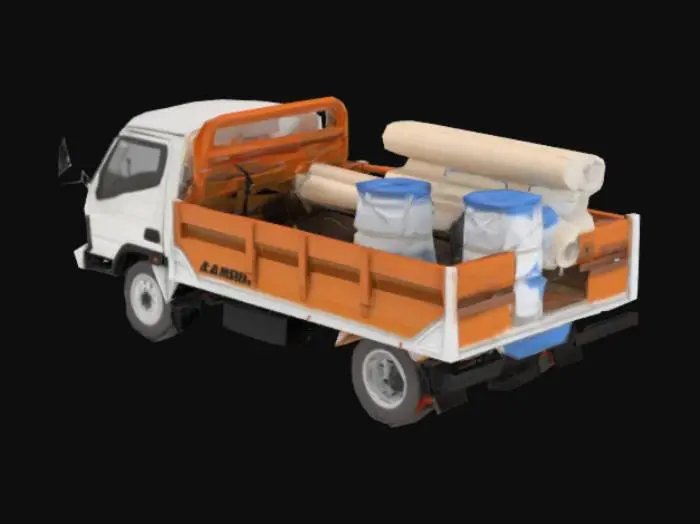 3D model for Hyper-realistic 3D render of a 1998 Mitsubishi Canter truck like the reference: white cab, black top, wood side rails. Branded "Super Techos de Honduras" on doors. Loaded with APP waterproofing membrane rolls, paint buckets, and workers wearing orange vests, helmets, and gloves. The truck is driving dynamically on an open road with a visible route line ahead, suggesting a journey. Tropical semi-dry landscape, bright daylight, strong metallic reflections, cinematic motion blur, realistic and professional style.