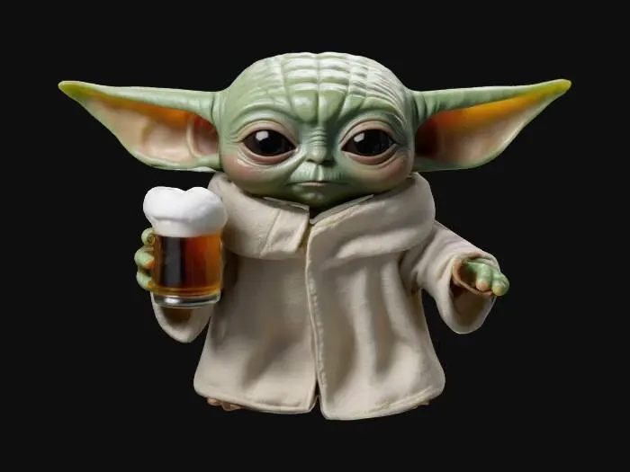 3D model for Highly detailed model of Baby Yoda sitting in a camping chair and drinking a mug of foamy Mexican beer.