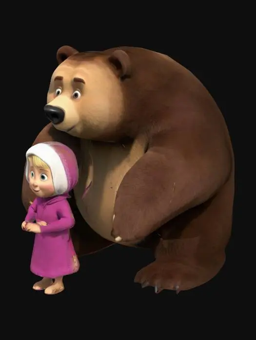 3D model for Masha and the Bear, the bear must be 4 times bigger than Masha and both characters must closely resemble the original characters from the animated series.