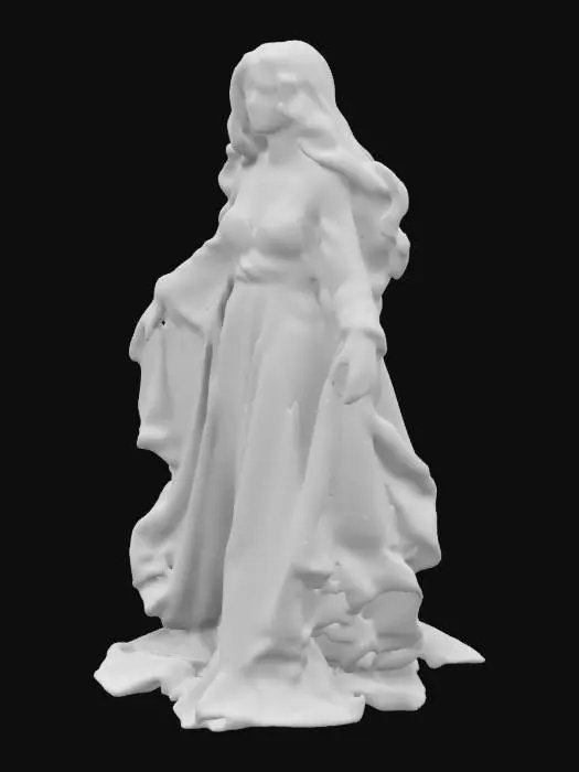 3D model for Design a 3D masterpiece of the goddess of love, draped in elegant pink robes with iridescent hues that shimmer like a celestial rainbow. Her ethereal beauty radiates divine grace, warmth, and enchantment, capturing the very essence of eternal love. Create a scene that exudes mystique and romance, making her the epitome of love and allure.