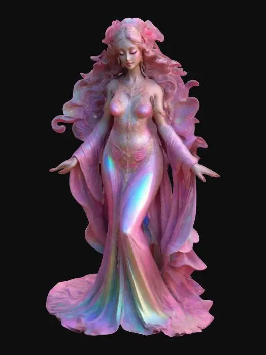 3D model for Design a 3D masterpiece of the sexiest goddess of love, draped in elegant pink robes with iridescent hues that shimmer like a celestial rainbow. Her ethereal beauty radiates divine grace, warmth, and enchantment, capturing the very essence of eternal love. Create a scene that exudes mystique and romance, making her the epitome of love and allure.