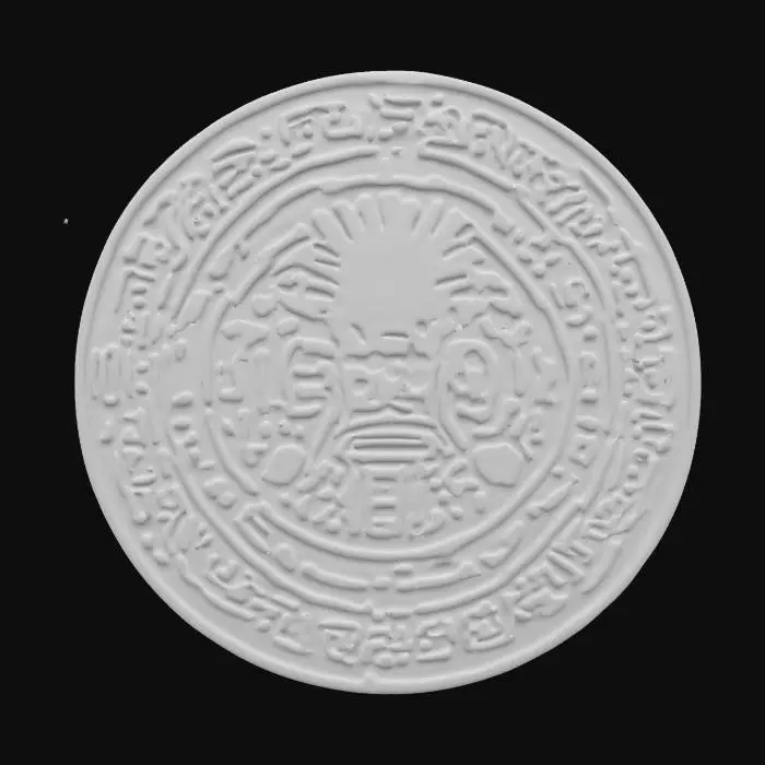 3D model for El Calendario Azteca es un disco circular de 3.6 metros de diámetro y 24 toneladas, hecho de basalto. Presenta un diseño intrincado: en el centro, el rostro del dios Tonatiuh con garras en forma de corazón y rayos solares. Cuatro cuadrantes rodean su rostro, llenos de símbolos geométricos y círculos concéntricos que representan serpientes de fuego y patrones astronómicos. La superficie está tallada con detalles precisos, mostrando texturas profundas y acabados pulidos.