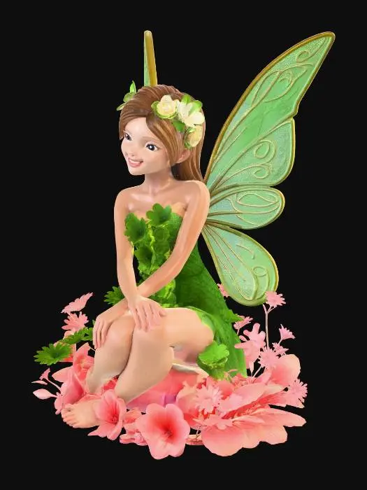 3D model for A female fairy sitting in a garden with happiness