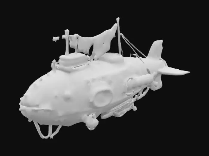 3D model for Steampunk airship, brass & rivets, spinning gears, glowing crystal core, tattered sails, Victorian detail, floating city backdrop.