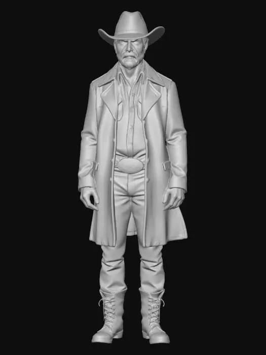 3D model for portrait of a man in authentic 1880s American frontier clothing — a worn leather duster coat, a battered wide-brimmed Stetson, a tooled leather gun belt with holster at the hip, worn denim trousers tucked into dusty boots. He looks straight toward the viewer, the arms a straight beside his body