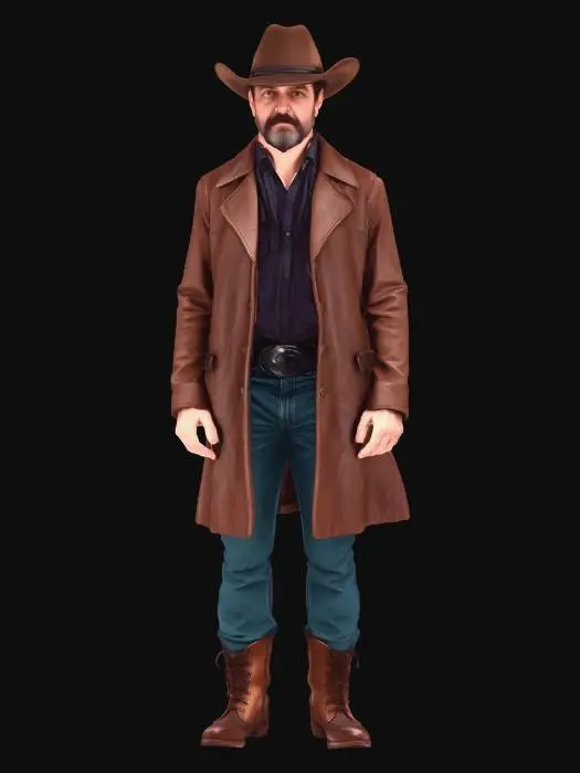 3D model for portrait of a man in authentic 1880s American frontier clothing — a worn leather duster coat, a battered wide-brimmed Stetson, a tooled leather gun belt with holster at the hip, worn denim trousers tucked into dusty boots. He looks straight toward the viewer, the arms a straight beside his body