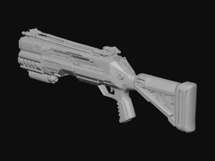 3D model for Мощный низкополигональный тяжелый бластер, напоминающий футуристический дробовик, с прочным и массивным силуэтом. Корпус выполнен из темно-красного промышленного металла с грубыми блочными поверхностями и четкими полигональными краями. Ярко-оранжевые светящиеся плазменные отверстия и открытые катушки создают агрессивный вид, а широкое дуло и интегрированные охлаждающие ребра подчеркивают его мощь. Общий вид — надежный и немного импровизированный, но очень эффективный.