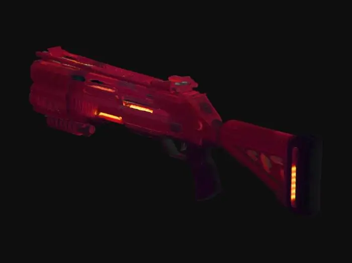 3D model for Мощный низкополигональный тяжелый бластер, напоминающий футуристический дробовик, с прочным и массивным силуэтом. Корпус выполнен из темно-красного промышленного металла с грубыми блочными поверхностями и четкими полигональными краями. Ярко-оранжевые светящиеся плазменные отверстия и открытые катушки создают агрессивный вид, а широкое дуло и интегрированные охлаждающие ребра подчеркивают его мощь. Общий вид — надежный и немного импровизированный, но очень эффективный.