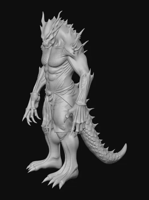 3D model for A formidable humanoid creature 3D model, characterized by an imposing, muscular physique and disproportionately long, powerful limbs. Its rough, monstrous skin exhibits a scaly, reptilian texture with varying shades of deep olive green and desaturated crimson, appearing both ancient and resilient. The rugged surface features prominent ridges and weathered sections, conveying a primal strength, perfectly sculpted for a dark fantasy setting with dramatic rim lighting.