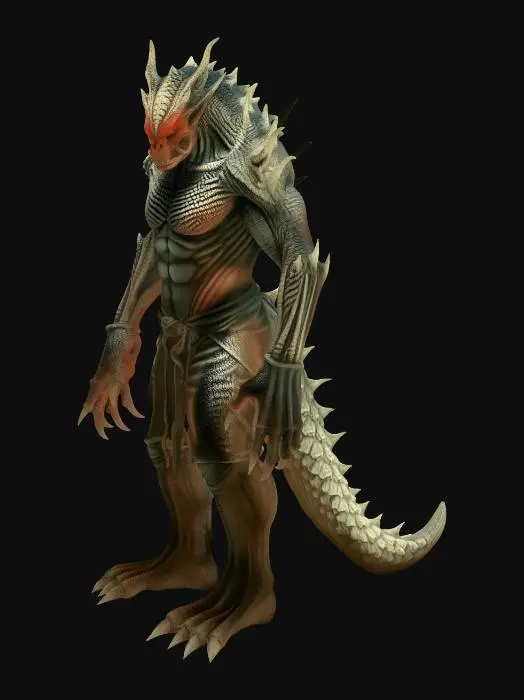 3D model for A formidable humanoid creature 3D model, characterized by an imposing, muscular physique and disproportionately long, powerful limbs. Its rough, monstrous skin exhibits a scaly, reptilian texture with varying shades of deep olive green and desaturated crimson, appearing both ancient and resilient. The rugged surface features prominent ridges and weathered sections, conveying a primal strength, perfectly sculpted for a dark fantasy setting with dramatic rim lighting.