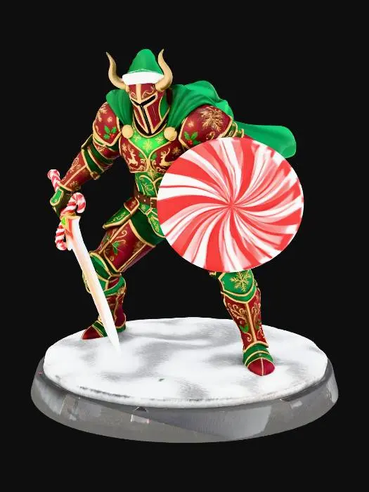 3D model for make a badass knight that looks like it is in chrismas armor. They have a sword with a candy cane hilt and a round peppermint shield. in a battle ready pose