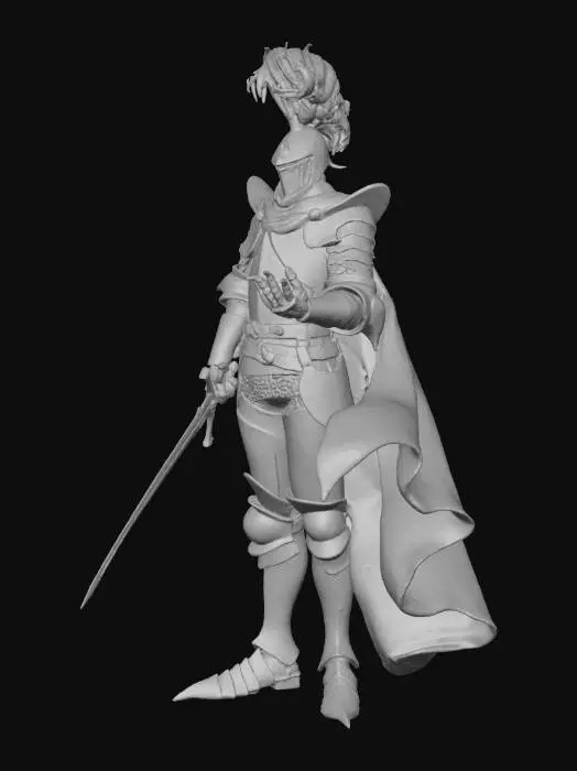 3D model for realistic medieval knight, full plate silver armor with intricate engravings, red cape flowing dramatically, red feather plume on the helmet, wielding longsword, heroic stance, highly detailed, realistic lighting, full body, white background --cartoon, anime, low detail, blurry, distorted anatomy, extra limbs, cropped, messy background, modern clothing, sci-fi, futuristic armor, nude