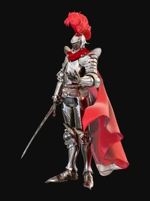 3D model for realistic medieval knight, full plate silver armor with intricate engravings, red cape flowing dramatically, red feather plume on the helmet, wielding longsword, heroic stance, highly detailed, realistic lighting, full body, white background --cartoon, anime, low detail, blurry, distorted anatomy, extra limbs, cropped, messy background, modern clothing, sci-fi, futuristic armor, nude