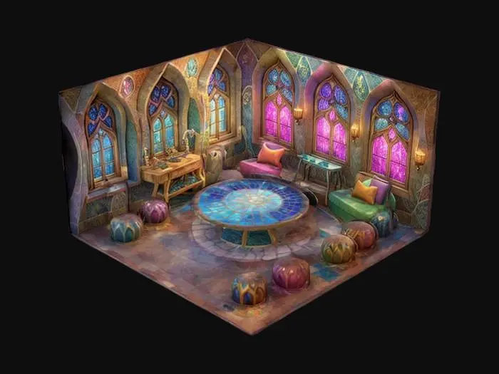 3D model for ultra detailed enchanted castle room in gaudi style, game style, enhanced and vivid colors 