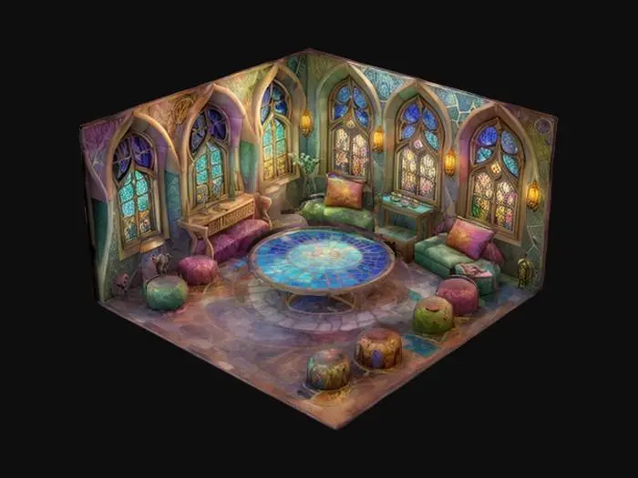 3D model for ultra detailed enchanted castle room in gaudi style, game style, enhanced and vivid colors 