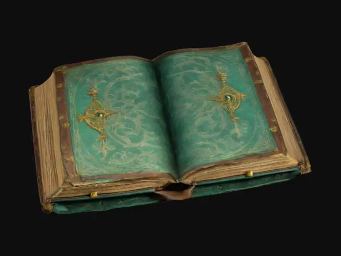 3D model for ultra detailed old medieval open book with medieval images on pages, game style, enhanced colors