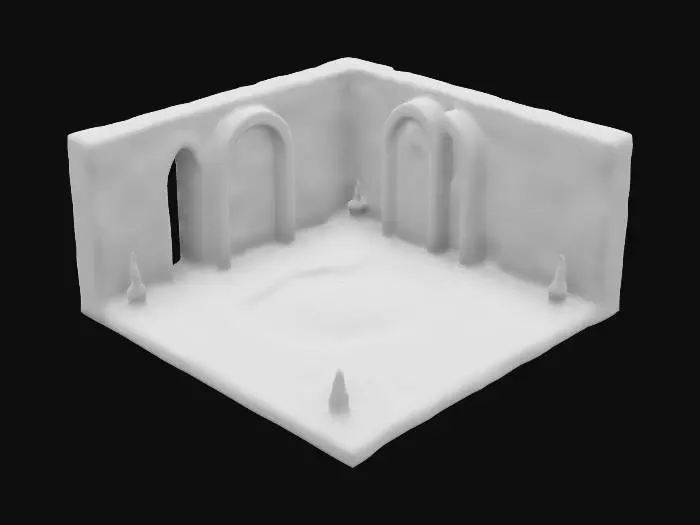 3D model for ultra detailed dungeon square and isometric crypt, game style, enhanced colors with neon green glowing 