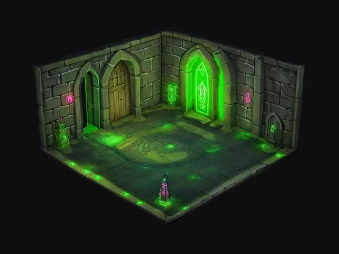 3D model for ultra detailed dungeon square and isometric crypt, game style, enhanced colors with neon green glowing 