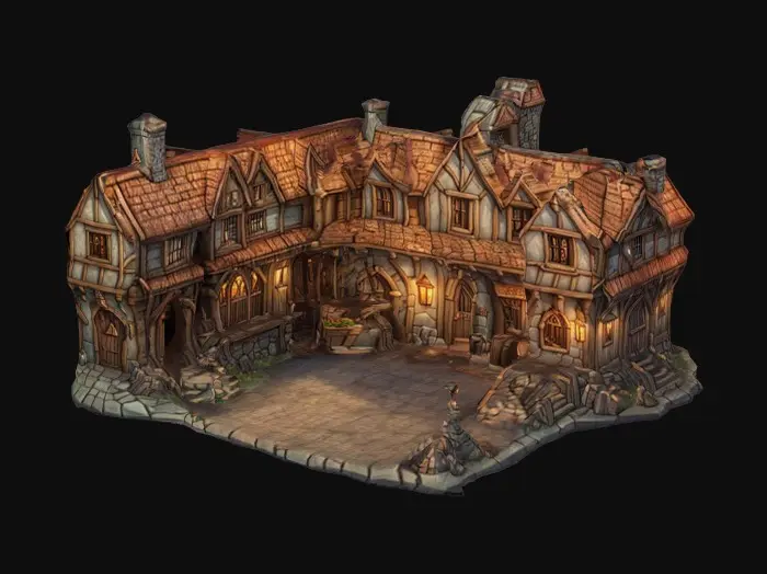 3D model for ultra detailed fantasy tavern in castlevania style ,isometric view, game style, enhanced colors