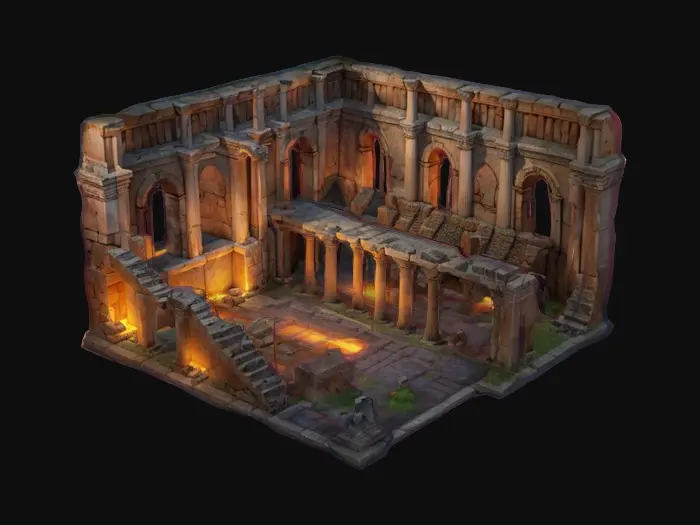 3D model for ultra detailed fantasy pompeii villa ruins ,isometric view, game style, enhanced glowing colors 