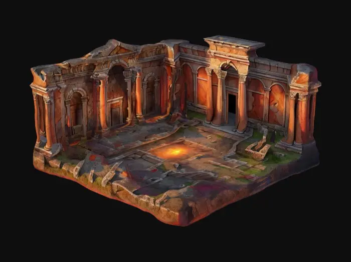 3D model for ultra detailed fantasy pompeii villa ruins ,isometric view, game style, enhanced glowing colors 