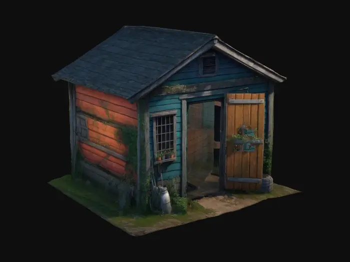 3D model for ultra detailed isometric old garden shed, game style, 4k, enhanced colors