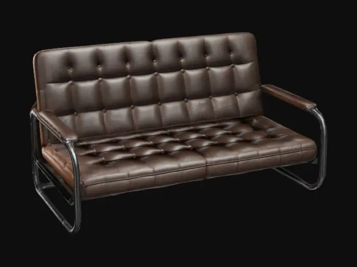 3D model for ultra detailed rectangular, cushioned seats with tufted leather textures and supported by a metallic tubular frame, 4k