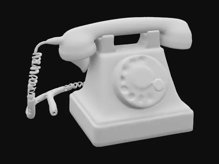 3D model for ultra detailed old rotary dial telephone with a square base, cylindrical handset, and visible wear and rust on its aged, metallic surface, 4k