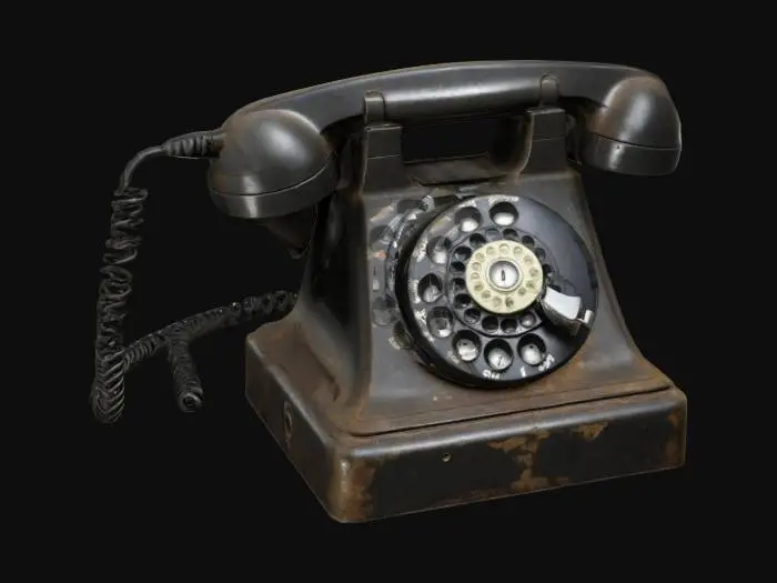 3D model for ultra detailed old rotary dial telephone with a square base, cylindrical handset, and visible wear and rust on its aged, metallic surface, 4k