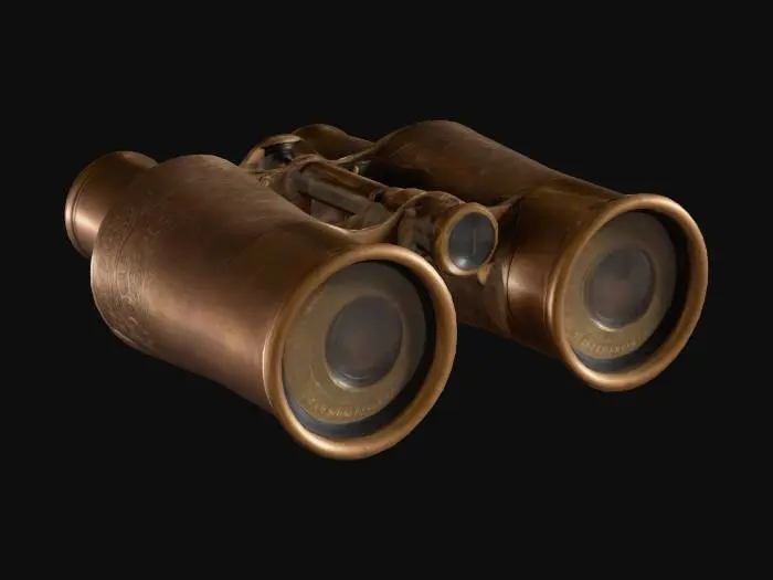 3D model for The object is a pair of vintage-style binoculars with cylindrical lenses, intricate metallic detailing, and a glossy, bronze-like texture.