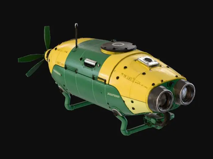 3D model for “A compact reconnaissance drone designed for toxic swamp zones, built from yellow composite panels and dark green armored plating. The body is squat and industrial, with exposed vents, sensor lenses, and flexible tubing connected to a rear filtration unit. Small biohazard markings and serial numbers are printed along the hull. The design suggests slow, deliberate movement through contaminated terrain. The drone is perfectly centered against a pure white background, softly lit with neutral studio light, minimal shadow. Ultra-realistic 8K PBR materials with painted metal wear, rubber hoses, and glass sensor reflections.”