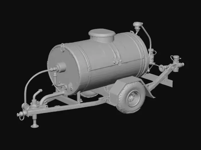 3D model for “A portable decontamination sprayer designed for toxic environments. The device features a backpack-style tank in olive green metal with yellow hazard stripes and reinforced hoses leading to a heavy-duty spray nozzle. Pressure gauges, control valves, and warning labels are mounted on the top of the tank. The surface shows scratches, chemical residue marks, and industrial wear. The object is perfectly centered against a pure white background, softly illuminated with neutral studio light, minimal shadow. Ultra-realistic 8K PBR materials with painted metal, rubber hoses, and subtle surface grime.”