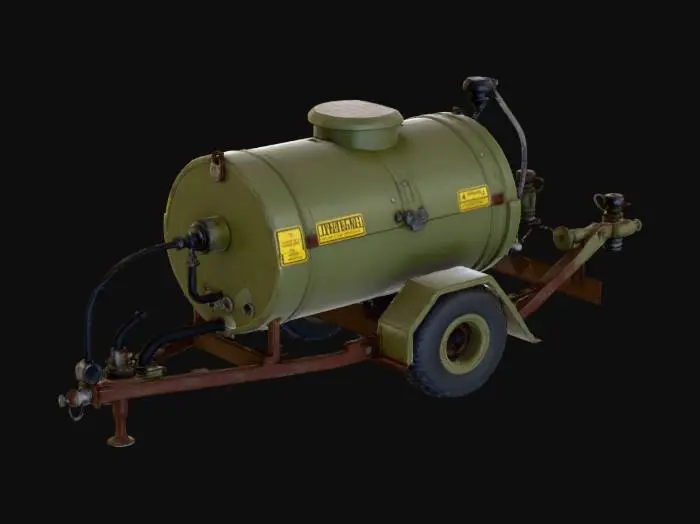3D model for “A portable decontamination sprayer designed for toxic environments. The device features a backpack-style tank in olive green metal with yellow hazard stripes and reinforced hoses leading to a heavy-duty spray nozzle. Pressure gauges, control valves, and warning labels are mounted on the top of the tank. The surface shows scratches, chemical residue marks, and industrial wear. The object is perfectly centered against a pure white background, softly illuminated with neutral studio light, minimal shadow. Ultra-realistic 8K PBR materials with painted metal, rubber hoses, and subtle surface grime.”