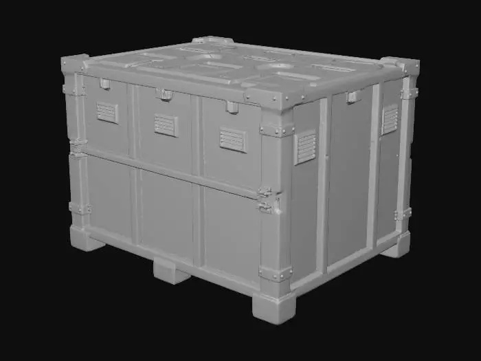 3D model for “A reinforced toxic waste transfer crate designed for hazardous materials. The object is a rectangular container made of olive-green metal panels with yellow hazard markings and heavy locking clamps on each side. Ventilation grilles, embossed warning symbols, and serial numbers are stamped into the surface. Small dents, scratches, and chemical stains indicate industrial use. The crate is perfectly centered against a pure white background, softly illuminated with neutral studio light, minimal shadow. Ultra-realistic 8K PBR materials with painted metal wear, grime buildup, and sharp edge detail.”