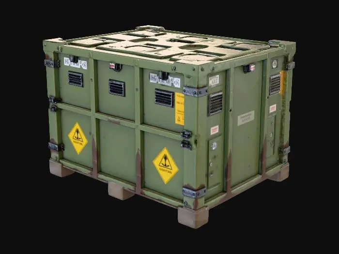 3D model for “A reinforced toxic waste transfer crate designed for hazardous materials. The object is a rectangular container made of olive-green metal panels with yellow hazard markings and heavy locking clamps on each side. Ventilation grilles, embossed warning symbols, and serial numbers are stamped into the surface. Small dents, scratches, and chemical stains indicate industrial use. The crate is perfectly centered against a pure white background, softly illuminated with neutral studio light, minimal shadow. Ultra-realistic 8K PBR materials with painted metal wear, grime buildup, and sharp edge detail.”