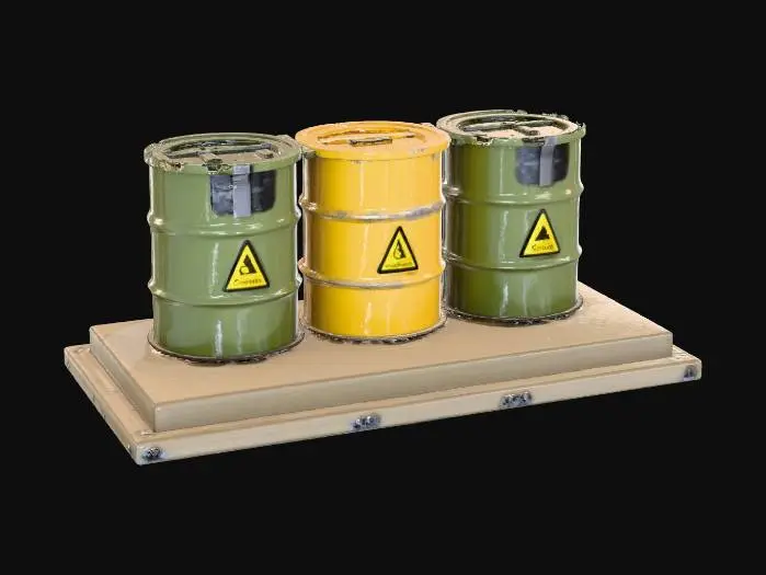 3D model for “A simplified toxic barrel area playset composed of a low flat platform holding three industrial barrels. The barrels are cylindrical, painted olive green and yellow, each marked with a bold hazard symbol. One barrel is upright, one slightly tilted, and one sealed with a clamp lid. No small parts or complex mechanisms are present. Light scratches, stains, and color variation add realism without heavy detail. The playset is perfectly centered against a pure white background, softly illuminated with neutral studio light, minimal shadow. Ultra-realistic PBR materials with simple metal surfaces and minimal grime.”