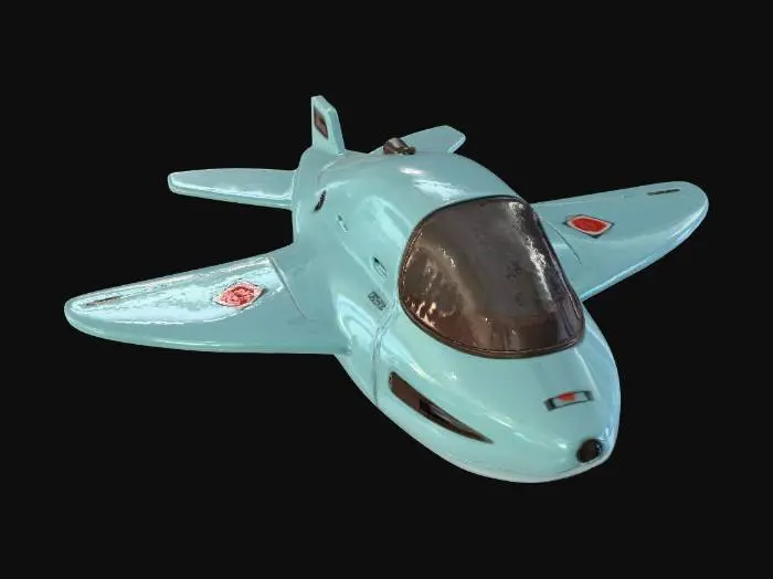 3D model for “A small retro-futuristic submersible scout vehicle inspired by classic underwater espionage. The body is smooth and torpedo-shaped, painted in light aqua blue with darker accents and a clear domed cockpit. Simple side fins, a rear propeller housing, and small viewing ports suggest exploration and surveillance use. The design favors clean shapes and readable forms. The vehicle is perfectly centered against a pure white background, softly lit with neutral studio light, minimal shadow. Ultra-realistic PBR materials with glossy paint, transparent canopy glass, and restrained surface wear.”