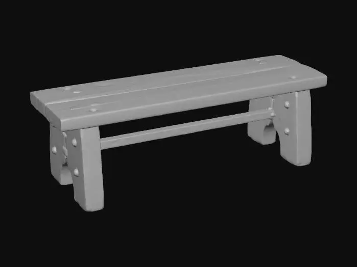 3D model for “A simple wooden bench inspired by Roman slave quarters. The object is long and low, built from rough-hewn planks with visible wood grain, cracks, and uneven edges. Iron nails and braces reinforce the structure, showing oxidation and wear. The surface is worn smooth in places from daily use, with dust and discoloration embedded in the wood. The bench is utilitarian and austere, reflecting hardship rather than comfort. The object is perfectly centered against a pure white background, softly lit with neutral studio light, minimal shadow. Ultra-realistic PBR materials with aged wood texture and subtle metal corrosion.”