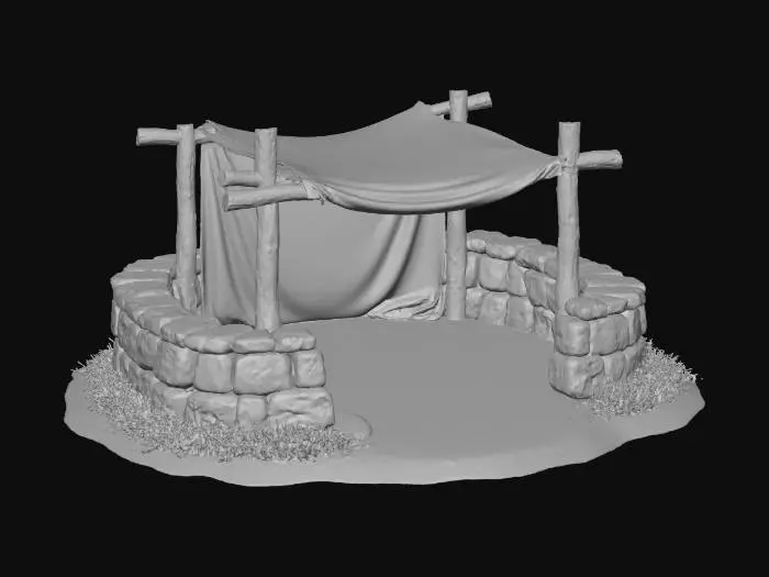 3D model for “A compact rural Roman slave camp environment inspired by historical epics. The scene features a low stone wall segment, a simple wooden shelter frame with cloth canopy, and a packed earth ground base. Materials show sun-bleached stone, rough timber beams, and dusty fabric with frayed edges. The design is austere and functional, suggesting daily labor and restraint rather than luxury. The environment module is perfectly centered against a pure white background, softly lit with neutral studio light, minimal shadow. Ultra-realistic PBR materials with limestone texture, aged wood grain, fabric weave, and controlled wear.”