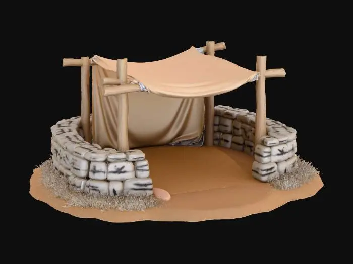 3D model for “A compact rural Roman slave camp environment inspired by historical epics. The scene features a low stone wall segment, a simple wooden shelter frame with cloth canopy, and a packed earth ground base. Materials show sun-bleached stone, rough timber beams, and dusty fabric with frayed edges. The design is austere and functional, suggesting daily labor and restraint rather than luxury. The environment module is perfectly centered against a pure white background, softly lit with neutral studio light, minimal shadow. Ultra-realistic PBR materials with limestone texture, aged wood grain, fabric weave, and controlled wear.”