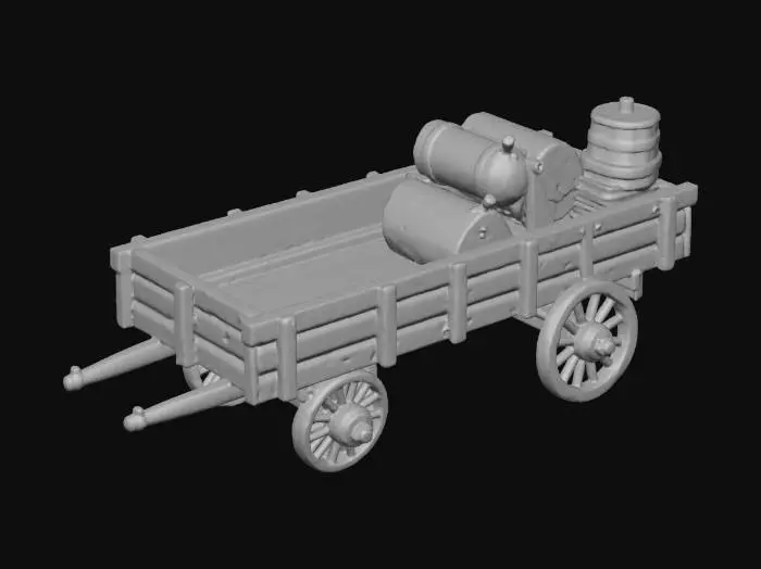 3D model for “A Roman-era supply wagon designed for transport rather than combat. The vehicle features a wooden flatbed with plank sides, iron-rimmed wheels, and a simple yoke assembly for animals. Barrels, sacks, and crates are integrated as large readable shapes without fine detail. The wood and metal show wear from travel, dust, and sun exposure. The wagon is utilitarian and balanced in proportion. The vehicle is perfectly centered against a pure white background, softly illuminated with neutral studio light, minimal shadow. Ultra-realistic PBR materials with aged wood, iron hardware, and restrained surface wear.”