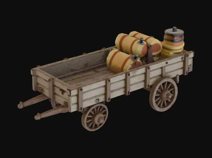 3D model for “A Roman-era supply wagon designed for transport rather than combat. The vehicle features a wooden flatbed with plank sides, iron-rimmed wheels, and a simple yoke assembly for animals. Barrels, sacks, and crates are integrated as large readable shapes without fine detail. The wood and metal show wear from travel, dust, and sun exposure. The wagon is utilitarian and balanced in proportion. The vehicle is perfectly centered against a pure white background, softly illuminated with neutral studio light, minimal shadow. Ultra-realistic PBR materials with aged wood, iron hardware, and restrained surface wear.”