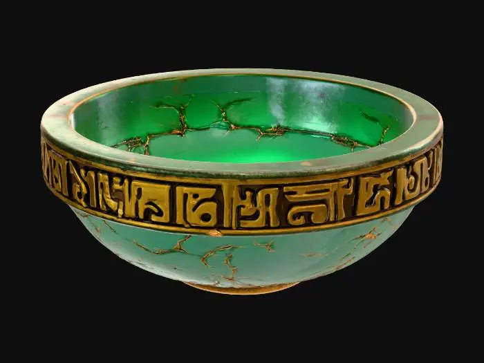 3D model for “A ritual vessel used to channel Hollow Earth energy, shaped as a wide stone bowl set within a bronze ring frame. Carved runes line the rim, filled with faint green-amber luminescence. The stone surface is rough and stratified, with mineral inclusions and age cracks. The form is bold and readable, avoiding fine detail. Centered against a pure white background, softly illuminated with neutral studio light, minimal shadow. Ultra-realistic PBR materials with stone roughness, bronze oxidation, and subtle glow.”