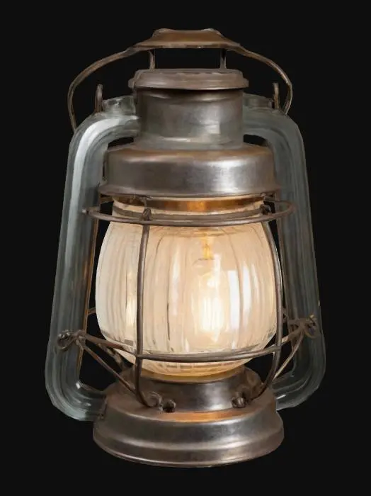 3D model for vintage-style lantern featuring a cylindrical metal frame with a curved glass enclosure, displaying a tarnished metallic texture and a loop handle on top.