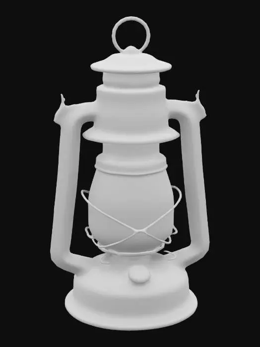 3D model for vintage-style lantern featuring a cylindrical metal frame with a curved glass enclosure, displaying a tarnished metallic texture and a loop handle on top.